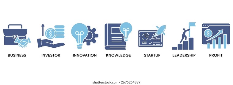 Concepto de Ilustración vectorial de conjunto de iconos de emprendedor relacionado con negocios, inversores, innovación, conocimiento, startup, liderazgo y ganancias