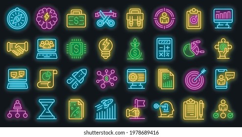 Entrepreneur icons set. Outline set of entrepreneur vector icons neon color on black