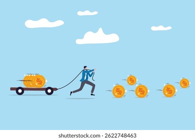 Ideia de iniciativa empresarial, ambição de impulsionar o esforço para o sucesso, começar novos negócios ou empresa com desenvolvimento de criatividade, empresário puxar nova moeda de ouro criativa