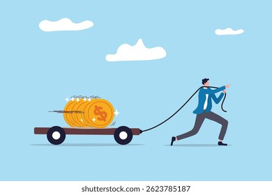 Entrepreneur initiative idea, ambition to push effort to success, start new business or company with creativity development, innovation or invention concept, businessman pull new creative gold coin.