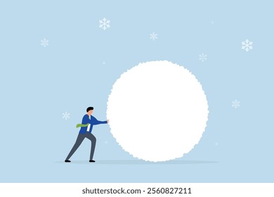 entrepreneur investor accumulating a massive snowball formed from a tiny one growing larger. 