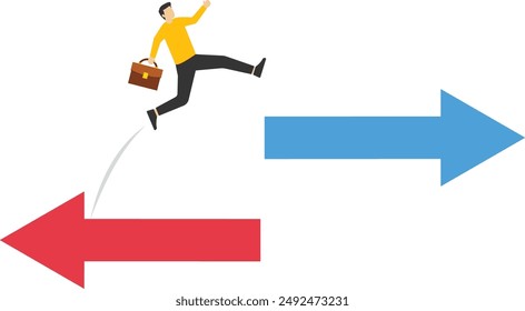 entrepreneur investor jumping from red arrow to green arrow up. stock market or crypto uncertainty, Economic improvement and investment or recovery from crisis, change from falling to rising concept.
