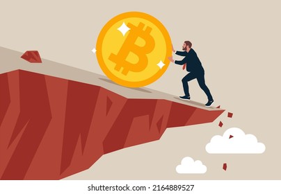 Entrepreneur investor push Bitcoin from falling down the cliff. Pushing Bitcoin prevent from price falling down, cryptocurrency risk, fluctuation, crypto crisis or panic sales.