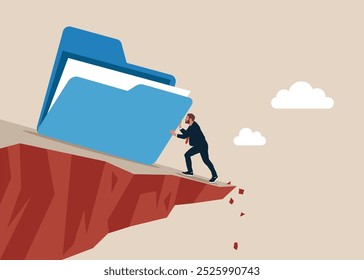 Entrepreneur investor push files folder from falling down the cliff. Arrange online data, paperwork concept, file management, organize document files into archive folders. Flat vector illustration