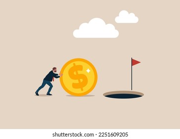 Entrepreneur investor pushes push dollar. Action towards business goals. Success is not far away. Flat vector illustration.