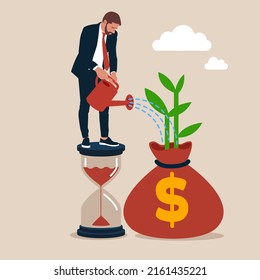 Entrepreneur investor standing on sandglass watering growing sprout from money bag. Saving and investment account, prosperity, growth earning from compound interest in long term investing concept.