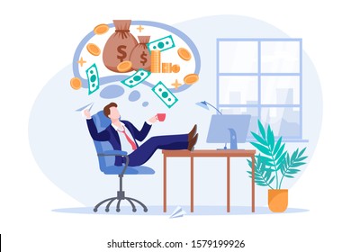 Entrepreneur investor thinks about money profit or investment income. Lazy office worker or clerk dreams of passive income. Vector flat cartoon illustration of businessman character.