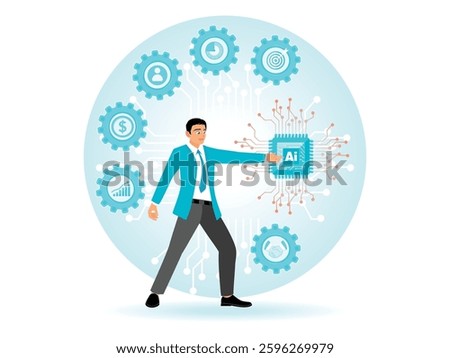 An entrepreneur involved with AI and connected technologies. Symbolizing the strategic use of AI in global business. Flat vector illustration