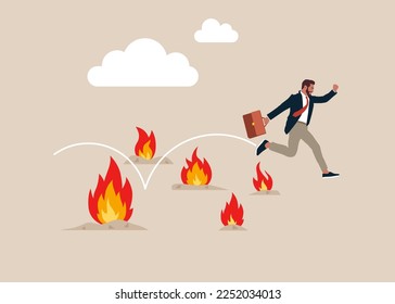 Entrepreneur jump pass many fire to achieve business success. Avoid fire, adversity and brave to jump pass mistake or business failure, skill and creativity to solve problem. Flat vector illustration