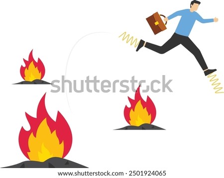 Entrepreneur jump pass many fire to achieve business success. Avoid fire, adversity and brave to jump pass mistake or business failure, skill and creativity to solve problem. Flat vector illustration
