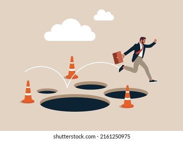 Entrepreneur jump pass many pitfalls to achieve business success. Avoid pitfall, adversity and brave to jump pass mistake or business failure, skill and creativity to solve problem concept.