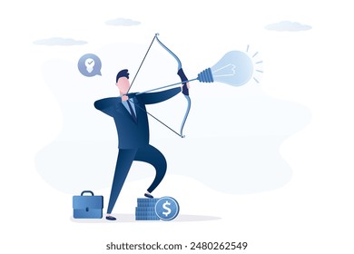 Entrepreneur launch new startup. Confidence businessman archery aiming glowing lightbulb idea arrow to target. Business idea, creativity to solve problem, creative mind to aim for new goal concept. 