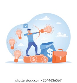 Emprendedor lanza nuevo proyecto empresarial. Hombre apuntando a un objetivo. Lanzamiento del concepto de campaña publicitaria. Ilustración vectorial plana.