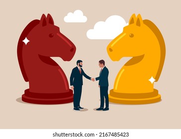 Entrepreneur Leader Shaking Hand On Knight Chess Metaphor Of Agreement. Negotiation Skill To Deal With Competitor, Agreement Or Partnership Decision, Collaboration Strategy To Success Together.
