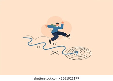 An entrepreneur leaps over a cross mark, symbolizing challenges, toward a target destination, representing goals and progress. The image conveys determination and strategic planning.