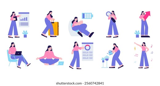Entrepreneur lifestyle concept flat illustration set. Includes of presentation, analyze data, and vacation. Vector illustration isolated transparent background