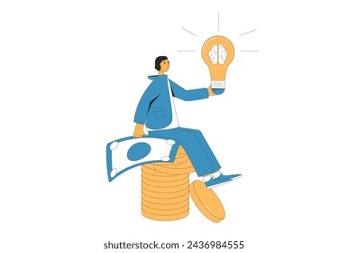 Entrepreneur with light bulb sitting on pile of coins isolated on white background. Financial goal. Young founder of startup pitching about business idea.Vector flat illustration.