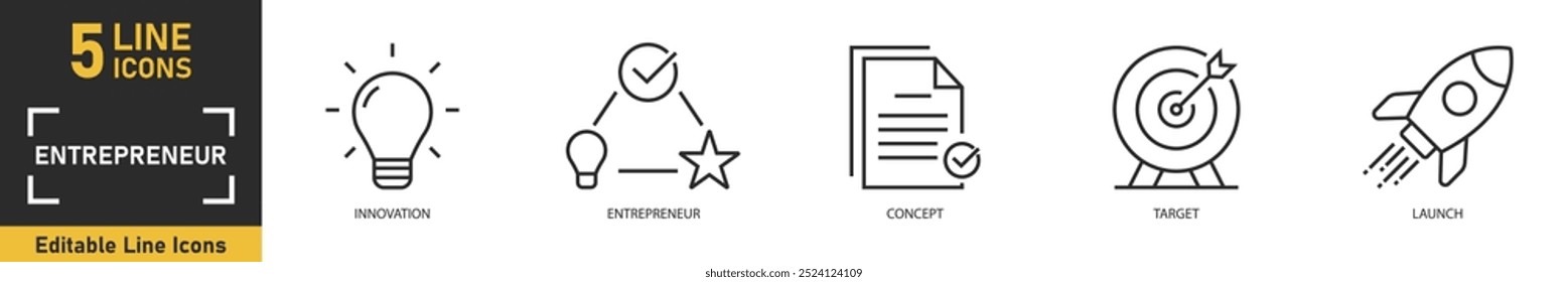 Entrepreneur line icon set. Set of 5 outline icons related to innovation, entrepreneur, concept, target, launch and more. Vector illustration.