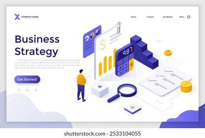 Entrepreneur looks at commercial graphs and tools. Business strategy isometric landing page template. Effective startup development plan. Creative 3d vector illustration for web page