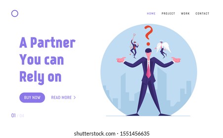 Entrepreneur Making Complicated Decision Website Landing Page. Businessman with Angel and Devil Sitting on Shoulders Whispering in Ear and Question Web Page Banner. Cartoon Flat Vector Illustration