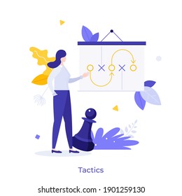 Entrepreneur making presentation, whiteboard with scheme and chess piece. Concept of business tactics or strategy, corporate strategic development plan. Modern flat vector illustration for poster.