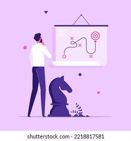 Entrepreneur making presentation, whiteboard with scheme and chess piece. Concept of business tactics or strategy, corporate strategic development plan, flat vector illustration