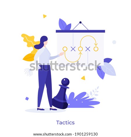 Entrepreneur making presentation, whiteboard with scheme and chess piece. Concept of business tactics or strategy, corporate strategic development plan. Modern flat vector illustration for poster.