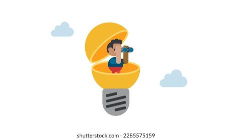 Entrepreneur man open lightbulb idea using binoculars to see business vision. searching for success concept