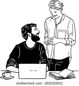 Entrepreneur man and woman working with laptop computer Office Business Hand drawn line art illustration