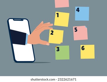 Entrepreneur manage to prioritize sticky note with number over the internet. Arrange to do list before and after, task management. Flat vector illustration