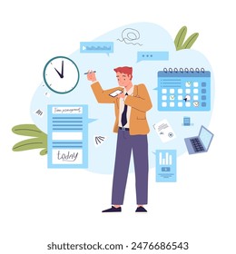 Entrepreneur monthly plan. Multitasking businessman employee manager organizing work schedule, planning choice daily task or upcomming business meeting, agenda vector illustration