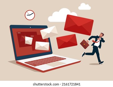 Entrepreneur office guy run away from overload flying mail letter from computer laptop. Email overload too many junk mails that reduce efficiency and productivity in work and time management concept.