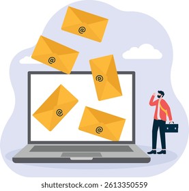 Entrepreneur office guy run away from overload flying mail letter from computer laptop. Email overload too many junk mails that reduce efficiency and productivity in work and time management concept.
