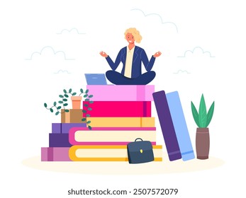 Emprendedor en libros. Mujer de negocios de sabiduría leer libro de estudio, inteligencia y crecimiento de habilidades educación corporativa, mujer leyendo libros de Biblioteca Ilustración vectorial de aprendizaje literario obras de arte originales