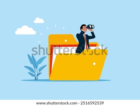 Entrepreneur open folder using binoculars to see online data or paperwork concept. Entrepreneurs organize document file. Modern vector illustration in flat style
