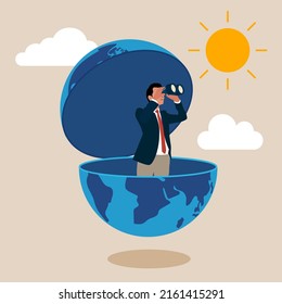 Entrepreneur open globe using binoculars looking for future vision. World economic vision or international opportunity for business, work or investment, searching for oversea business concept.