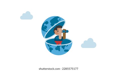 Entrepreneur open globe using binoculars looking for future. World economic vision