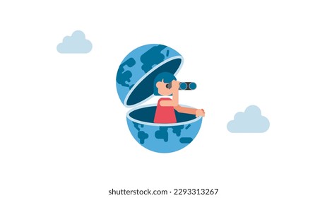 Entrepreneur open globe using binoculars looking for future. World economic vision.