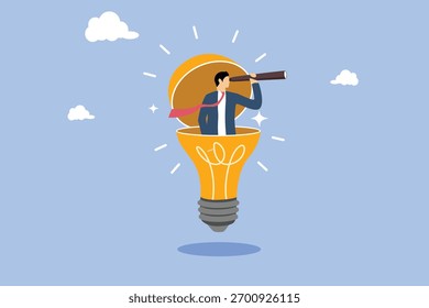 Empreendedor abre ideia de lâmpada usando binóculos para ver a visão de negócios. Procurando conceito de sucesso. Criatividade para ajudar a ver oportunidades de negócios, visão para descobrir novas soluções ou ideias, curiosidade