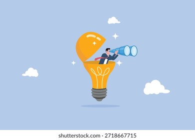 Empreendedor abre ideia de lâmpada usando binóculos para ver a visão de negócios. Procurando conceito de sucesso. Criatividade para ajudar a ver oportunidades de negócios, visão para descobrir novas soluções ou ideias, curiosidade