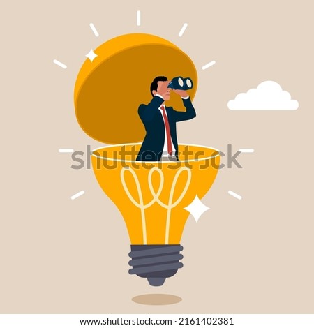 Entrepreneur open lightbulb idea using binoculars to see business vision. Creativity to help see business opportunity, vision to discover new solution or idea, curiosity, searching for success concept