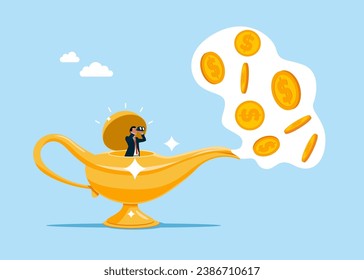 Entrepreneur open magic lamp and using binoculars to see business vision and  getting investing. Curiosity, searching for success concept. Flat vector illustration