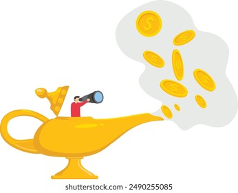 Lámpara mágica abierta de emprendedor y uso de binoculares para ver la visión de negocio y conseguir invertir. Curiosidad, buscando el concepto de éxito. Ilustración vectorial plana

