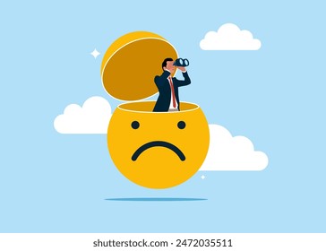 Entrepreneur open sad face pendulum ball to see problem vision and investigate incident. Solving problem. Flat vector illustration