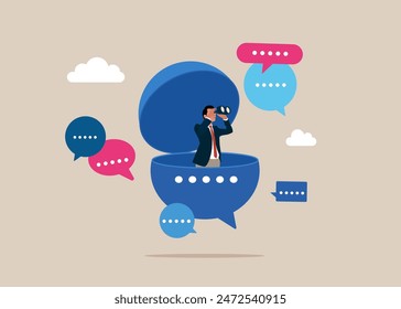 Entrepreneur open speech bubble using binoculars to see discussion, conversation, meeting, team communication, colleague chatting, opinion. Flat vector illustration.