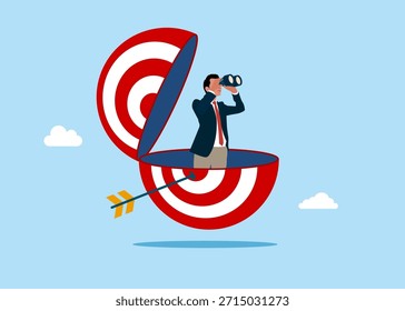 Emprendedor abre el tablero del objetivo usando la búsqueda de visión futura.   Objetivo y dardo. Concéntrate a propósito. Ilustración plana de Vector