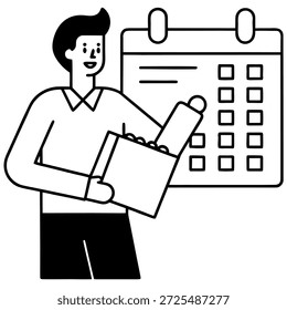 Empreendedor organizando a programação diária usando o calendário digital de IA, ilustração de arte de linha, estilo de contorno moderno, conceito de ferramentas de produtividade inteligente, vetor pronto para estoque