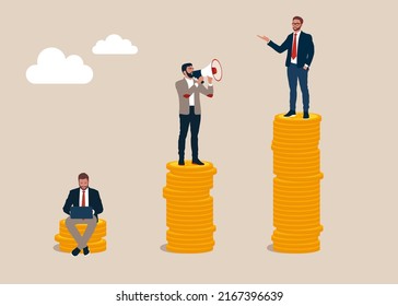 Entrepreneur Poor, Middle And Rich Worker Standing On Stack Of Their Wealth Coins. Income Gap, Inequality Revenue In Capitalism Or Career Development To Earn More Income, Middle Income Trap.