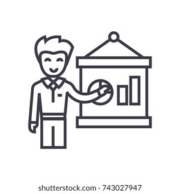 entrepreneur presenting startup project business plan concept vector thin line icon, symbol, sign, illustration on isolated background