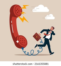 Entrepreneur product owner running away from furious complain telephone from customer or client. Customer complaint, dissatisfaction from product or service problem, angry feedback from client concept